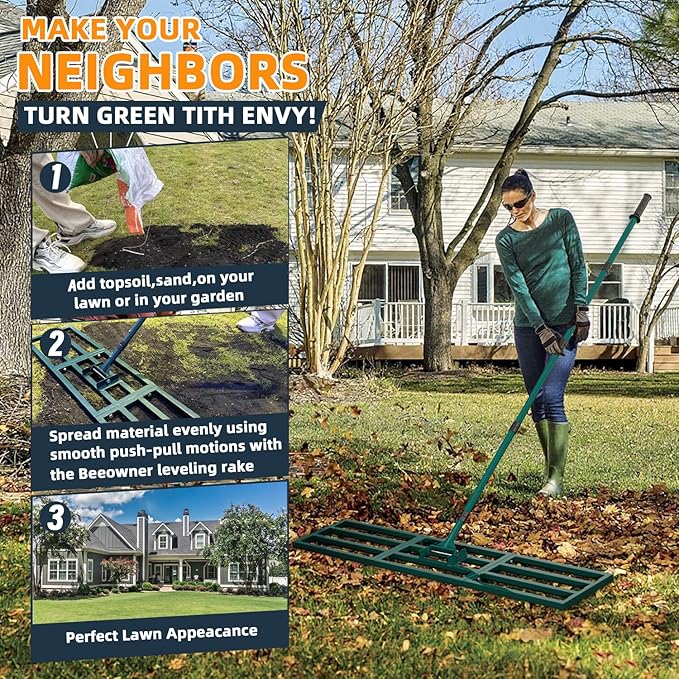 Lawn Leveling Rake Heavy Duty Stainless Steel Lawn Leveler Tool 45”x10” with 78” Adjustable Long Handle Yard Level Rake for Soil, Ground,Backyard Dressing,Golf Field,Garden Tools Grass Seed