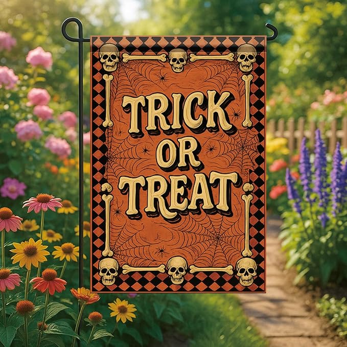Halloween Garden Flag Trick or Treat Skulls Spider Webs Flag 12x18 Inch Double Sided Outdoor Yard Banner for Halloween Haunted House Spooky Trick or Treat Decoration Decor