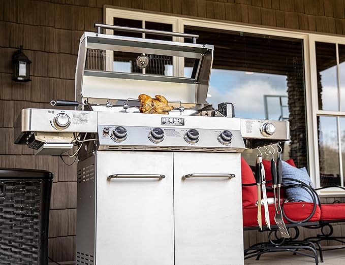 Monument Grills Larger 4-Burner Propane Gas Grills Stainless Steel Cabinet Style with Infrared Side Sear & Side Burners Knob Controls Built-In Thermometer with Stainless Steel Rotisserie Kit(2 Items)