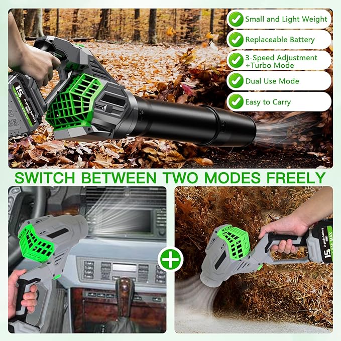 Leaf Blower Cordless, 2x21V 6.0 Ah Battery and Charger, 680CFM 190MPH Electric Blower, 3-Variable Speed & Turbo Mode, Handheld Leaf Blower Battery Powered for Blowing Leaves, Dust, Snow