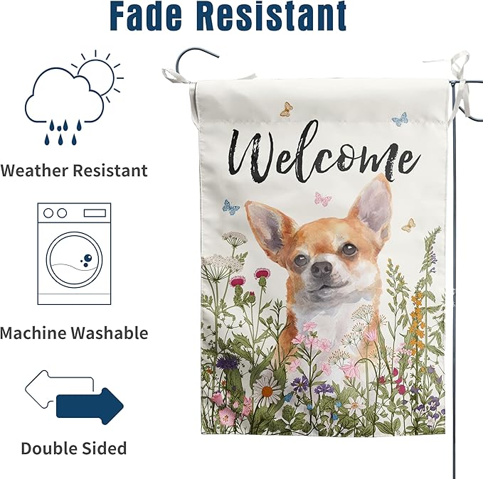Floral Chihuahua Garden Flag Spring Summer Yard Flag Flower Dog Garden Flags for Outside Small Outdoor Welcome Flags 12x18 Double Sided