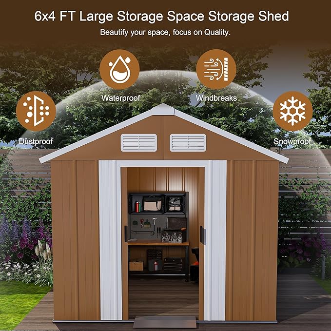 Outdoor Tool Shed 4x6 FT Heavy-Duty Metal Storage Shed with Lockable Door, Windows & Ventilation - Weather-Resistant Roof Garden Shed for Backyard, Patio, Lawn (Brown)
