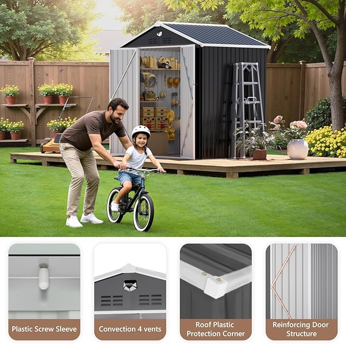 8X6 FT Outdoor Storage Shed, Metal Garden Shed - Tool Storage Sheds with Lockable Doors, Waterproof Outside Storage Building for Backyard, Patio (Black; Floor Not Included)