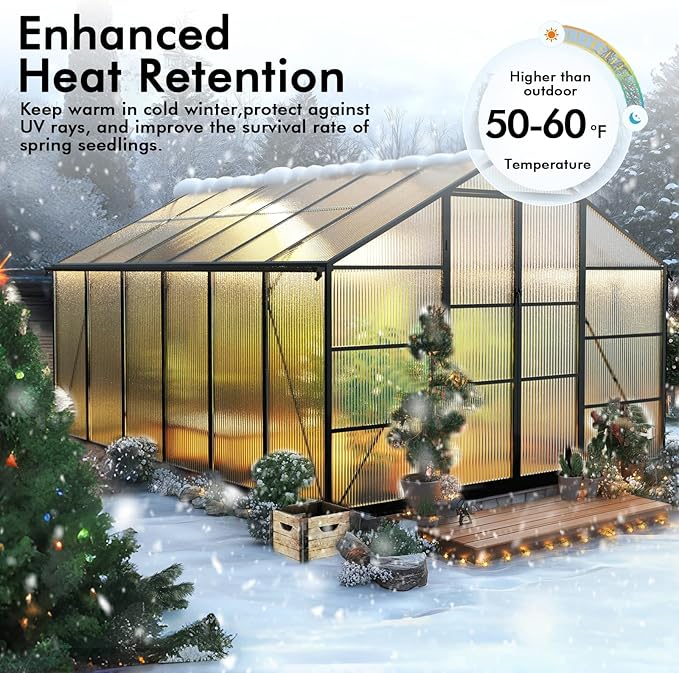 10×12FT Greenhouse for Outdoors, Large Walk in Greenhouse Kit and Winter Garden Planting, Enhanced Aluminum Green Houses for Outside Withstands Strong Wind or Snow to Protect Vegetables or Plants