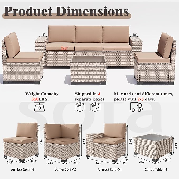 12 Pieces Patio Furniture Set, Outdoor Sectional Wicker Sofa with Thickened Cushions and Coffee Table, High Back Rattan Patio Conversation Sets for Garden Backyard, Khaki
