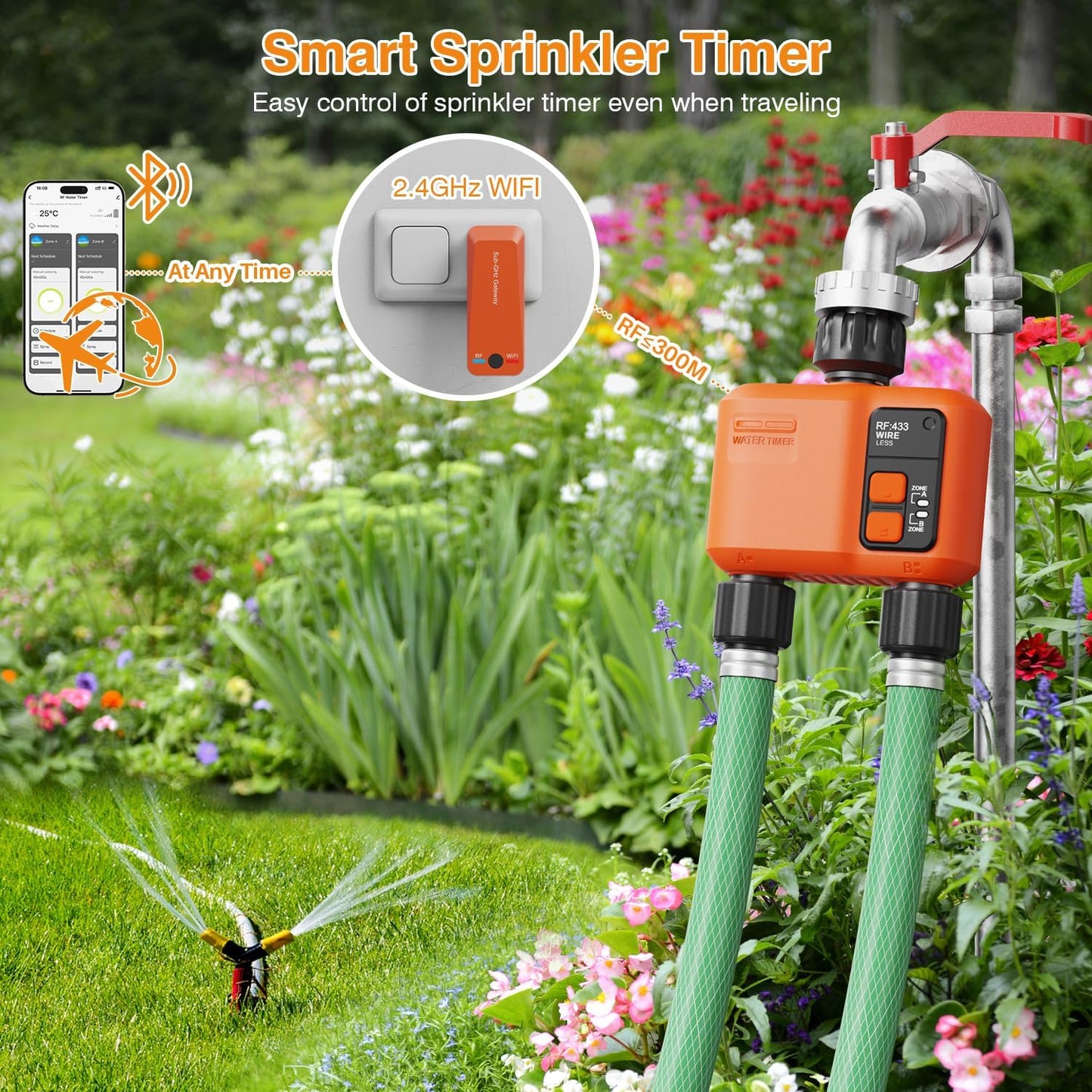 WiFi Water Timer for Garden Hose with 984 ft Range,Smart 2- Zone Sprinkler Timer, APP & Remote Control, Voice Control,Rain Delay, Manual Mode Sprinkler System, Lawn Sprinklers for Yard Large Area