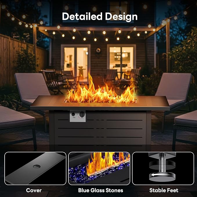 43 Inch Propane Fire Pit Table, 3-in-1 Multi-Use 50,000 BTU Square Gas Fire Pit with Lid & Blue Glass Stones, Steel Tabletop, Adjustable Flame, for Patio, Backyard, Deck, Outdoor Gatherings