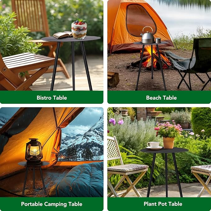 Metal Outdoor Side Table, Adjustable Height Round Side Table Weather-Resistant, Black Bistro Camping Tent Beach Table, End Table for Small Spaces, Balcony, Patio, Camping, Garden, Indoor, 12.2"