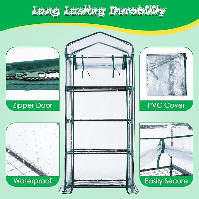 Meonum Indoor Greenhouse with LED Grow Lights, 4 Tier Mini Greenhouse with Roll-Up Zipper PVC Waterproof Cover and Trays, Dimmable Plant Grow Light for Indoor Plant with Timer, 27 L X 19 W X 63 H