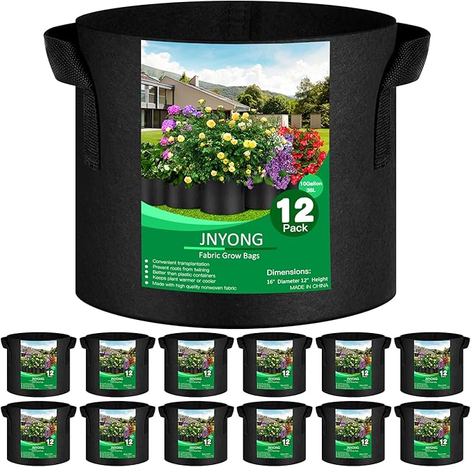 12-Pack 10 Gallon Thickened Non-Woven Grow Bags, Aeration Fabric Pots with Handles