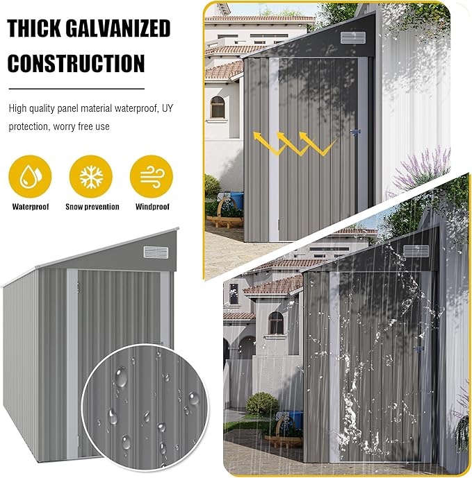 4×8 FT Outdoor Metal Storage Shed,Heavy-Duty Lean to Storage Shed with Lockable Single Side Hinge Door,Waterproof Metal Storage Tool House W/Sloping Roof,Air Vent&Protect Film,for Backyard,Gray
