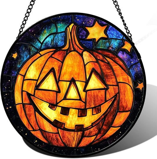Stained Glass Window Hanging Halloween Horror Golden Pumpkin 7.8" - Suncatcher Door Garden Sunroom Gothic Style Sun Catcher Birthday for Friend Mom Men Woman Nana