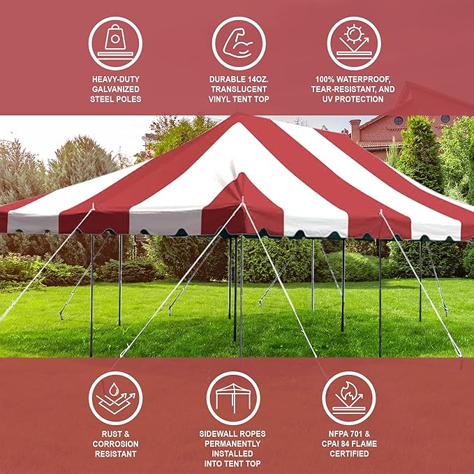 Party Tents Direct 20'x 30' Weekender Canopy Pole Tent with Sidewalls - Easy Up Canopy Tent with 120 Person Capacity - Outdoor Canopies for Parties, Weddings, and Events (Red/White)