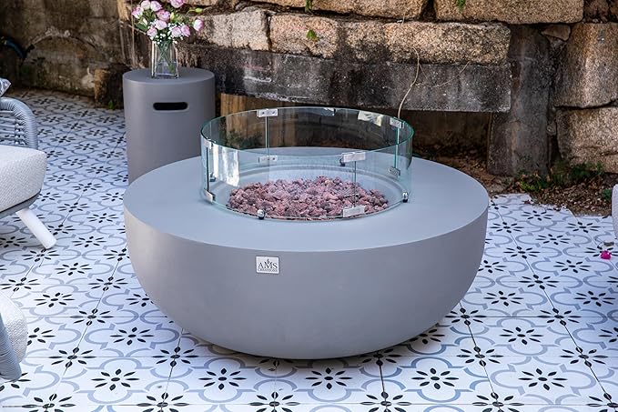 AMS Creations | Eclipse 44" Bundle Round Cast Concrete Natural Gas Fire Pit Bowl Table | Light Gray | Smooth Texture Surface | Electronic Ignition | Outdoor Patio Heater Outside Backyard Fireplace