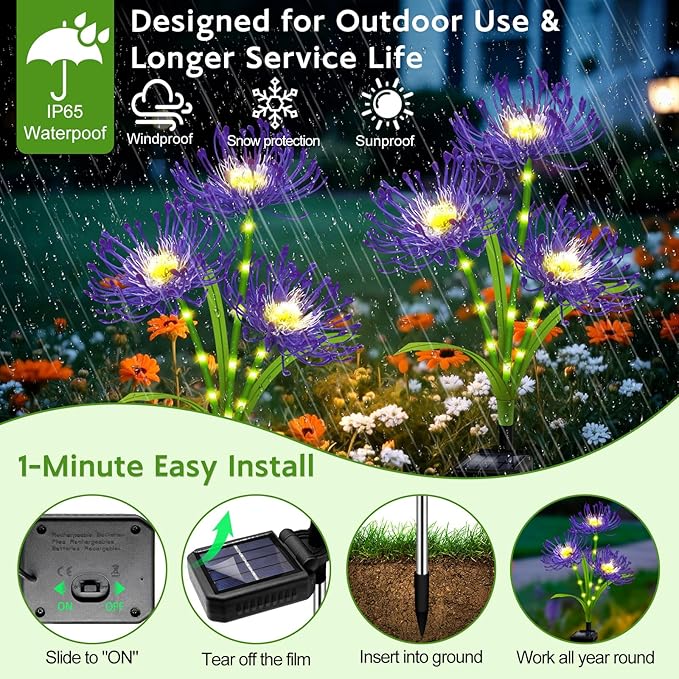 Solar Outdoor Lights Purple Spider Lily – 4 Pack 12-Head Waterproof Garden Flower Lights with Glowing Stems,Decorative Solar Powered Yard,Patio & Lawn Decor, Gardening Gifts for Women Grandma