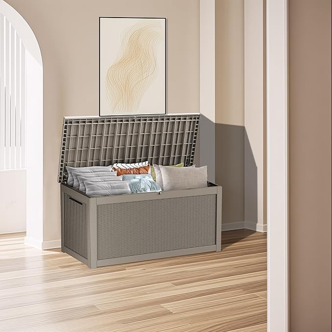 320 Gallon Waterproof Large Resin Deck Box Indoor/Outdoor Lockable Storage Container and Seating for Garden, Pool, and Patio (320 Gallon, Grey)