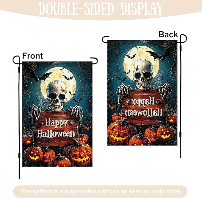 Halloween Garden Flag 12 x 18 Inch Double Sided Skeleton Pumpkin Designs Happy Halloween Fall Autumn Burlap Yard Flag for Outside Rustic Yard Outdoor Holiday Home Decoration