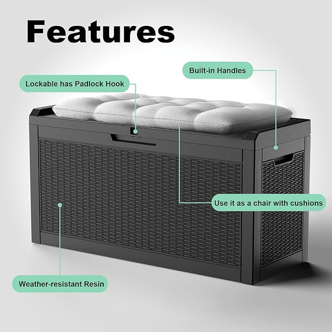 60 Gallon Resin Deck Box, Lockable Outdoor Storage Box for Patio Cushions Storage Furniture,Garden Tools, Pool Supplies, Weatherproof and UV Resistant（Black Rattan）