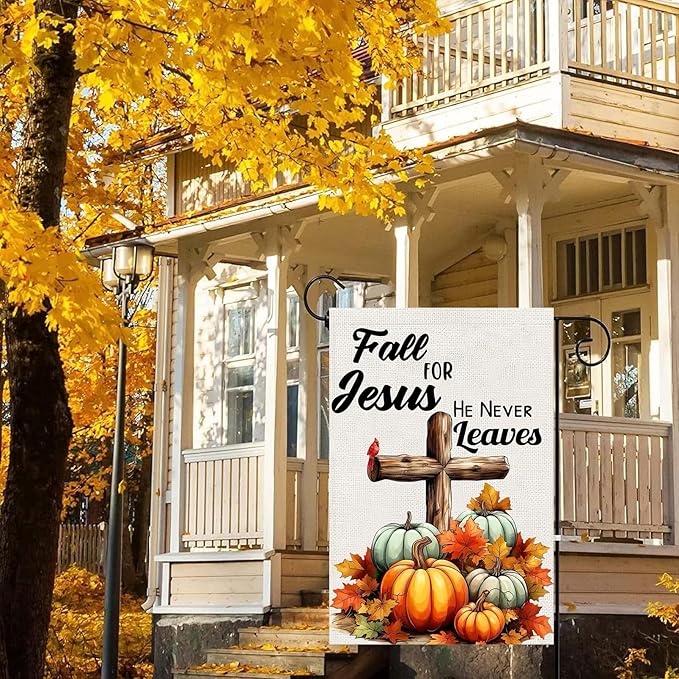 Fall Cross Pumpkin Garden Flags 12x18 Double Sided, Fall for Jesus He Never Leaves Yard Flag for Outside, Autumn Thanksgiving Holiday Seasonal Religious Outdoor Decorations for Home