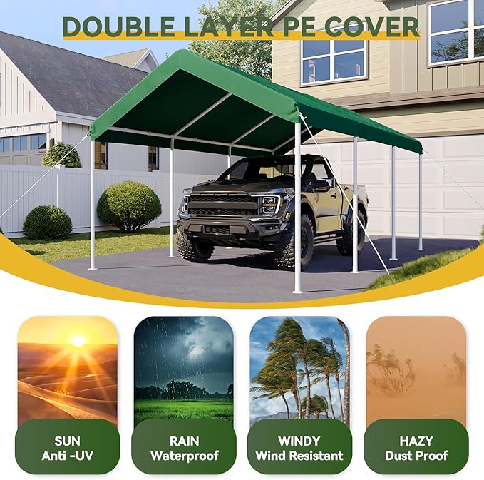 Aoxun 10x20 ft Heavy Duty Carport with Tarp & Wind Resistance Portable Carport Car Tent Outdoor Car Port with Tear Resistant Canopy, No Sidewall - Green
