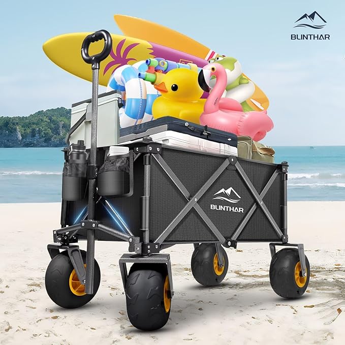 Beach Wagon with Big Wheels for Sand, Heavy Duty Collapsible Folding Wagon with All-Terrain 9" Pneumatic Tires & Drink Holders, Utility Wagon for Garden Sports Camping Outdoor Activities