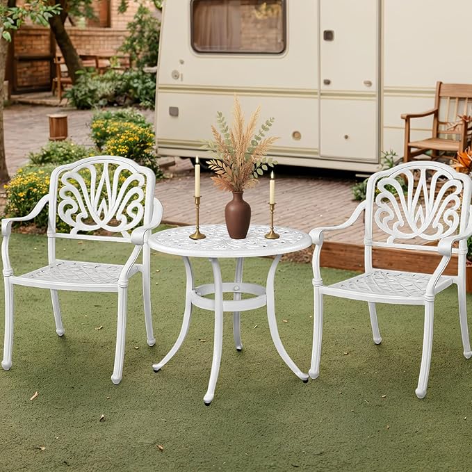 Outvita Patio Side Table, 23.6in Outdoor Round Cast Aluminum Bistro Table with Umbrella Hole and Antique Design for Backyard Porch Pool Balcony Deck White