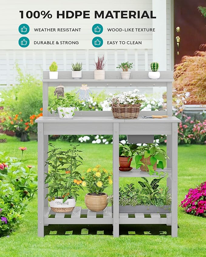 SERWALL Potting Bench Outdoor Potting Table with Sink, HDPE Potting Benches for Outside Gardening Table All Weather Use- Spanish Gray