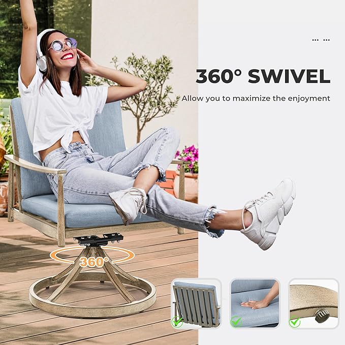 HAPPATIO 7-Piece Outdoor Dining Set for 6, Aluminum Patio Dining Set Includes 6 Swivel Dining Chairs and 1 Large Rectangular Table with Umbrella Hole, Patio Furniture Set for Lawn, Porch, Brown