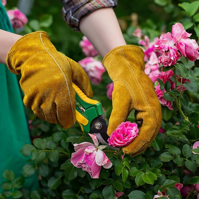 Gardening Work Gloves Leather: Garden Men Women Thorn Proof Cowhide Gardening Gloves for Heavy Duty Yard Work