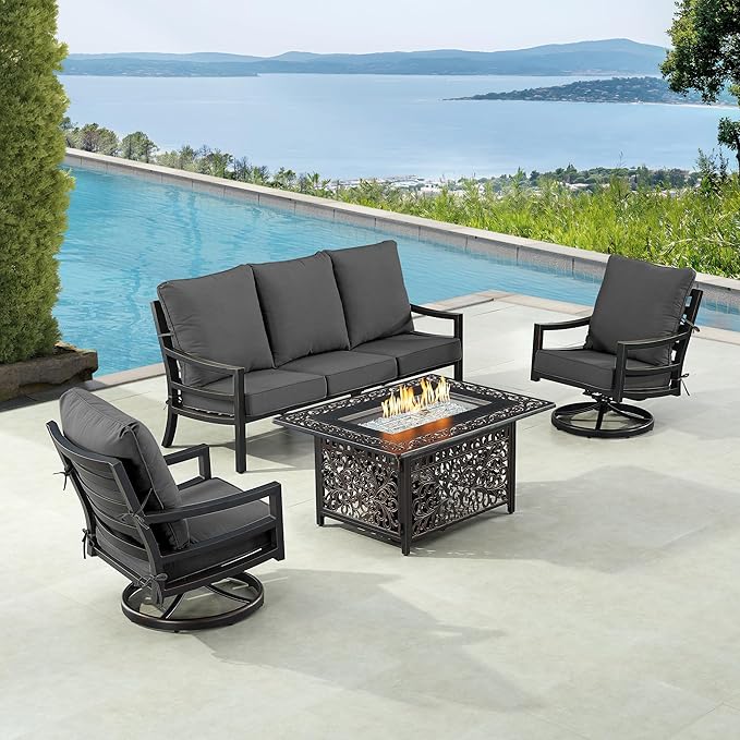 Oakland Living Black Aluminum Patio Fire Table Set with Deep Seating Sofa with Cushions and Two Club Chairs with Black Cushions