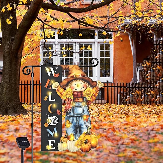 Thanksgiving Lighted Garden Flag, Solar Fall Outdoor Decor Yard Flag,8 Modes 12x18 Double Sided Led Scarecrow Flag Decorations for Home Porch