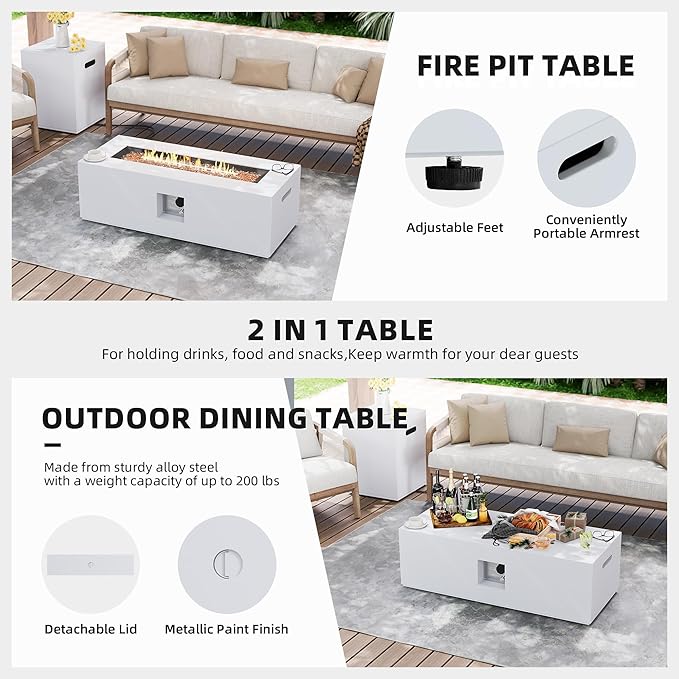 UPHA 42-inch Outdoor Propane Gas Fire Pit Table 50000 BTU Iron Rectangle Firepit for Outside Patio with Tank Hidden Table, Removable Lid, Gold Glass Rocks, Rain Cover,White