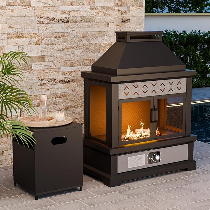 35'' Outdoor Propane Fireplace with Tank Storage & Mesh Door, CSA Certified 50,000 BTU Patio Firepit with Dust Cover for Garden, Backyard and Balcony, Black/Gray