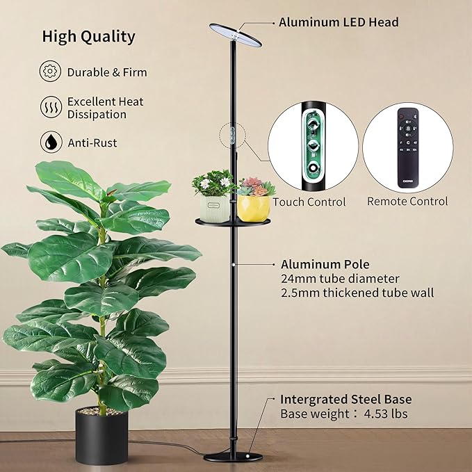 chiphy Grow Lights, Full Spectrum Plant Light for Indoor Plants, 4/8/12H Timer, 40W All Metal Floor Grow Lamp, 10 Dimmable Brightness, 69" Tall with Tray, Remote Control, Ideal for Large Tall Plants