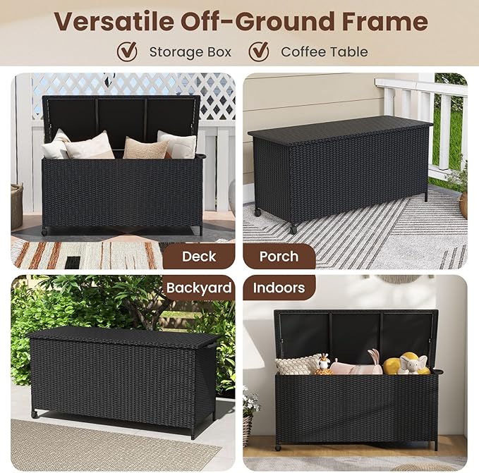 Tangkula Rattan Deck Box, 85 Gallon Storage Container with Waterproof Liner, Wheels & Gas Strut, Indoor Outdoor Wicker Storage Cabinet, Storage Furniture for Pillows, Cushions (Black)