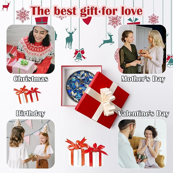 Stained Glass Window Hanging - Blue Gold Abstract Flowers Suncatcher for Door Terrace Garden Home Decor, Plant Sun Catcher Birthday Gifts for Lovers Women Men Dad Mom Nana 7.8 in