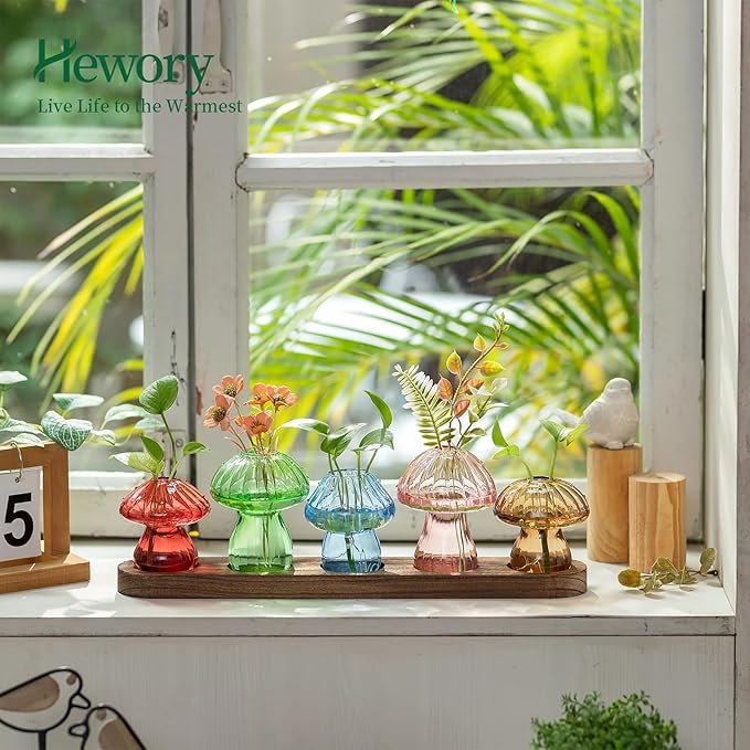 Glass Propagation Station for Plant: Mushroom Planter with Wooden Stand for Home Office Decor - Unique Propagation Jars for Plant Lovers - Set of 5 Hydroponic Mushroom Vases Gift for Mom