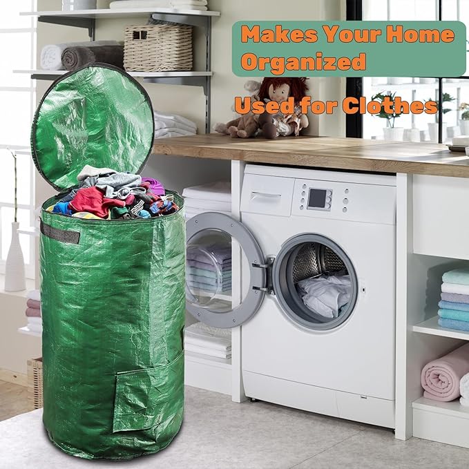 4 Pack 34 Gallons Reusable Yard Waste Bags, Leaf Lawn Collector Containers with Lid and Handles, Heavy Duty Collapsible Compost Bins with Bottom Window for Outdoor Debris Wet Leaves Grass