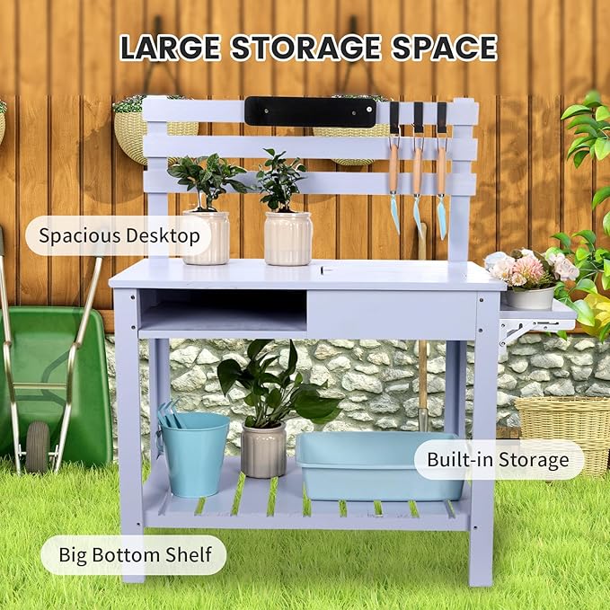 Kids Potting Bench Table Outdoor Garden Table Wooden Work Station Outdoor Garden Work Bench Platform with 3 Side Hook Shelf Natural Wood Blue Gift for Boys Girls