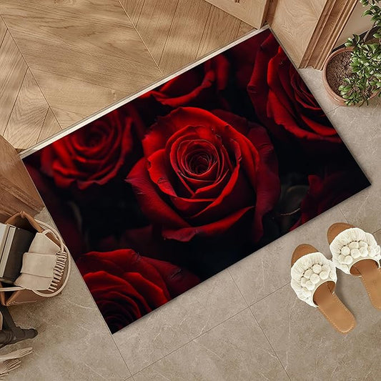 Red Rose Flower Indoor Outdoor Rugs,Modern Floral Doormat Outside Entrance,Non-Slip Welcome Mat Indoor Felt Floor Mat for Back Door Patio, Porch,Home Entryway,30 x 17 Inch