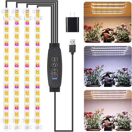 Four Strip Growing Lamp for Indoor Plants, Red & 3000K & 6000K Full Spectrum LED Grow Light Strips with Auto ON/Off 3/9/12H Timer,10 Dimmable Levels for Green House Succulent (13 in)