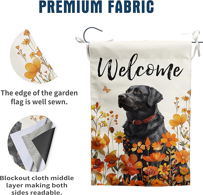 Floral Black Lab Garden Flag Fall Yard Flag Wildflower Labrador Dog Garden Flags Orange Autumn Lawn Flags Welcome Thanksgiving Outdoor Flags for Outside 12x18 Double Sided Small