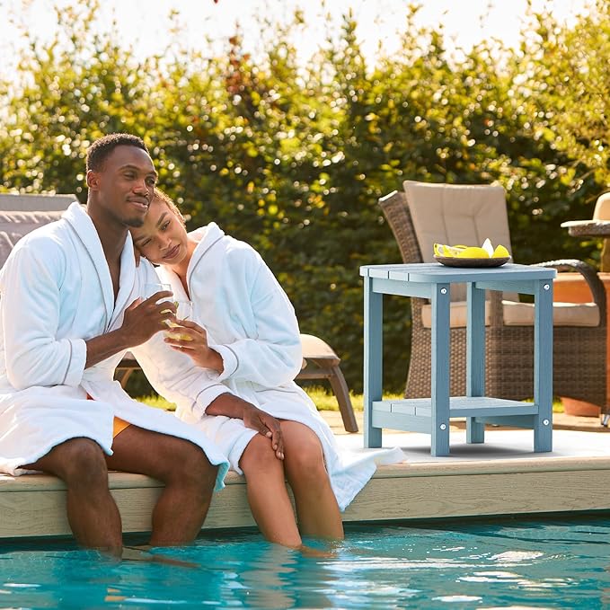 2-Tier Outdoor Side Table, 16" Adirondack Small Side Table All Weather Resistant, Patio End for Outside or Indoor, Patio, Yard, Pool, Porch, Garden, Lake Blue