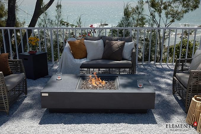 Elementi+ | Cannes Gas Fire Pit Cast Concrete 60" Rectangular Fire Table, Outdoor Fire Pit Electronic Ignition | Canvas Cover, Fire Glass and Burner Lid Included | Dark Gray | Natural Gas