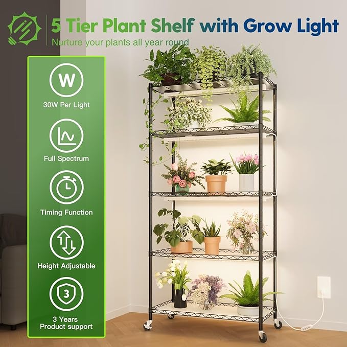 FREELICHT Plant Stand with Grow Light, 5 Tier Adjustable Plant Shelf with 4-Pack 30W LED Grow Lights, 2FT 5000K Full Spectrum Plant Light with Timer for Seedling, Seed Starting (29.5"x13.8"x61.5")