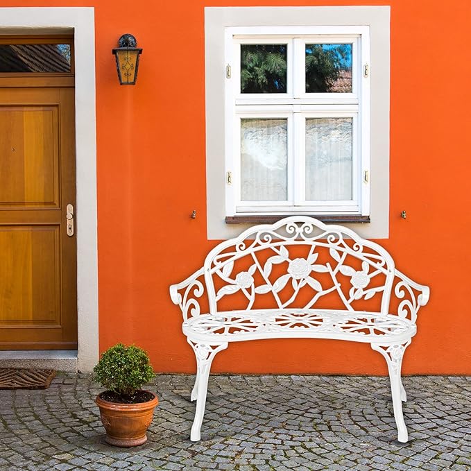 VINGLI 38.5" Patio Park Garden Outdoor Metal Rose Bench,Cast Iron Cast Aluminium Frame Antique Finish Chair,Accented Lawn Front Porch Path Yard Decor Deck Furniture for 2 Person Seat（White