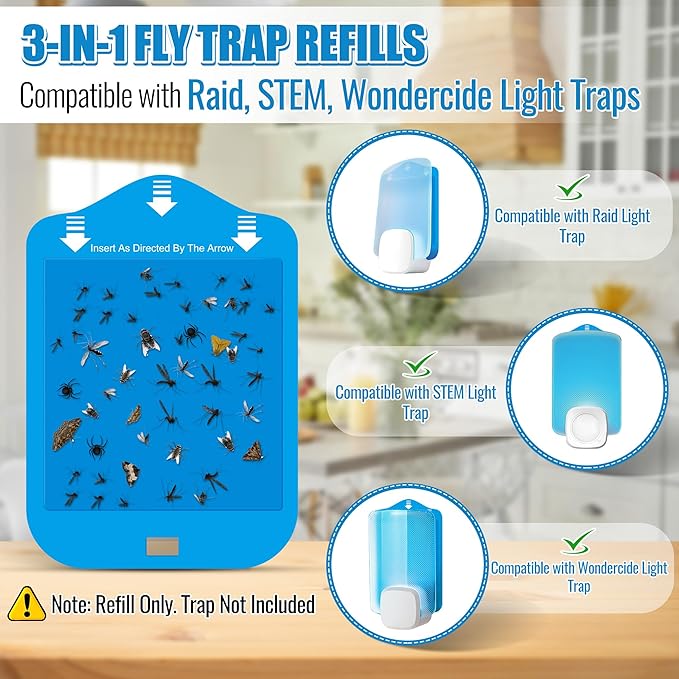 Qualirey 12 Pack Fly Trap Refill Cartridges Compatible with Raid/STEM/Wondercide Flying Insect Traps, Light Trap Refills Strong Glue Card for Fly Insect Bug Mosquito Gnat Traps Indoor