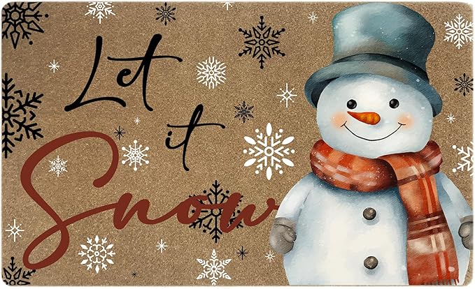Let It Snow Christmas Faux Coir Door Mats Outdoor, Christmas Holiday Door Mat for Home Outside Entryway, Xmas Snowman Snowflake Welcome Doormat for Indoor Outdoor Porch Entrance, 17x30 Inch