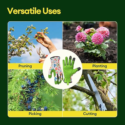 Gardening Gloves for Women, Breathable Leather Work Gloves, Thorn-Proof Gardening Gifts, Touchscreen Compatible, Protective Work for Digging, Planting, Pruning, Medium Size, Green & White