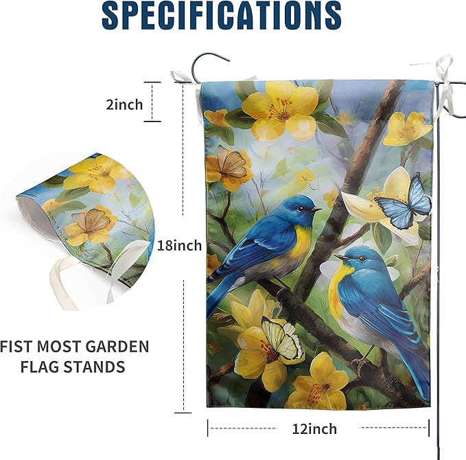 Summer Garden Flags Floral Bluebird Garden Flag Flower Spring Yard Flags for Outside 12x18 Double Sided Outdoor Front Porch Decor